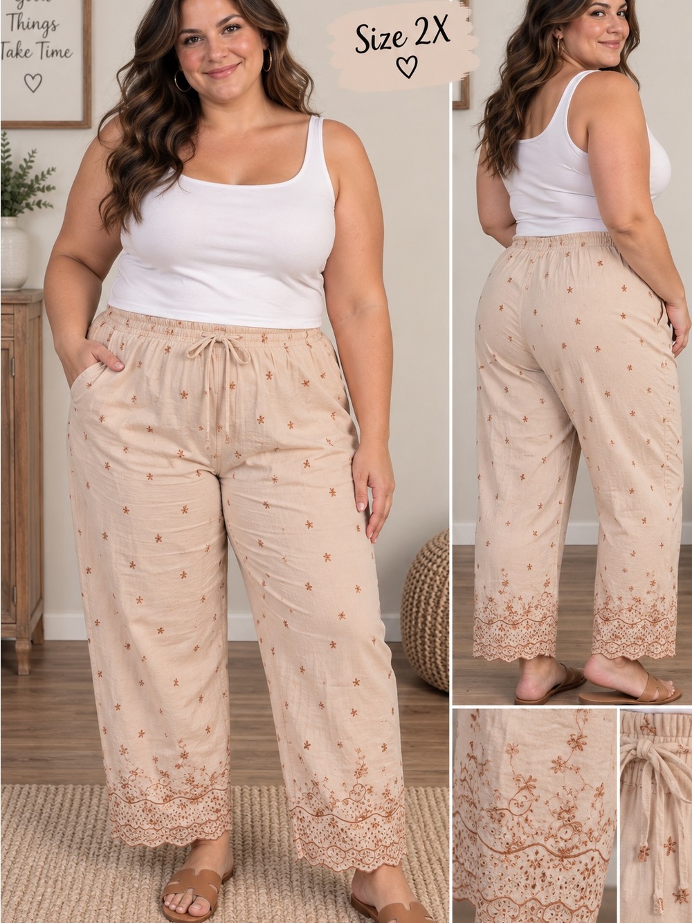 Plus-Size Beige Embroidered Wide-Leg Pants — 2X